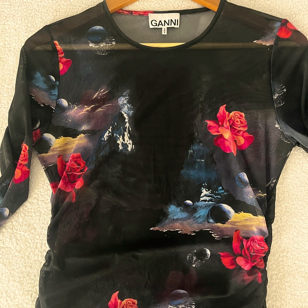 Ganni Black Floral Print Top